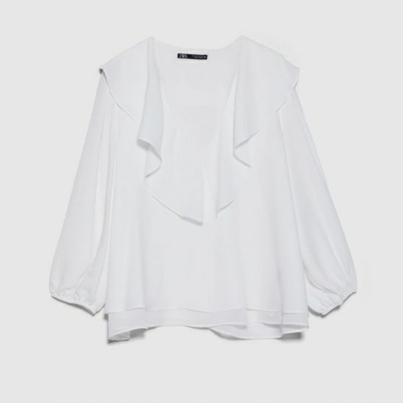 ZARA White Ruffled Collar 3/4 Sleeve Sheer Blouse Size XS NWT - Picture 3 of 10